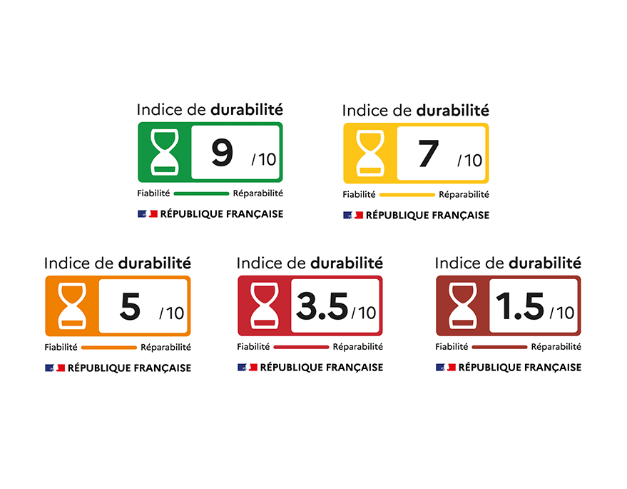 Plusieurs pictogrammes de différentes couleurs qui rensiegnent sur le degré de durabilité d'un appareil 