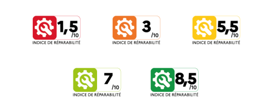 Plusieurs pictogrammes de différentes couleurs qui rensiegnent sur le degrés de réparabilité d'un appareil 